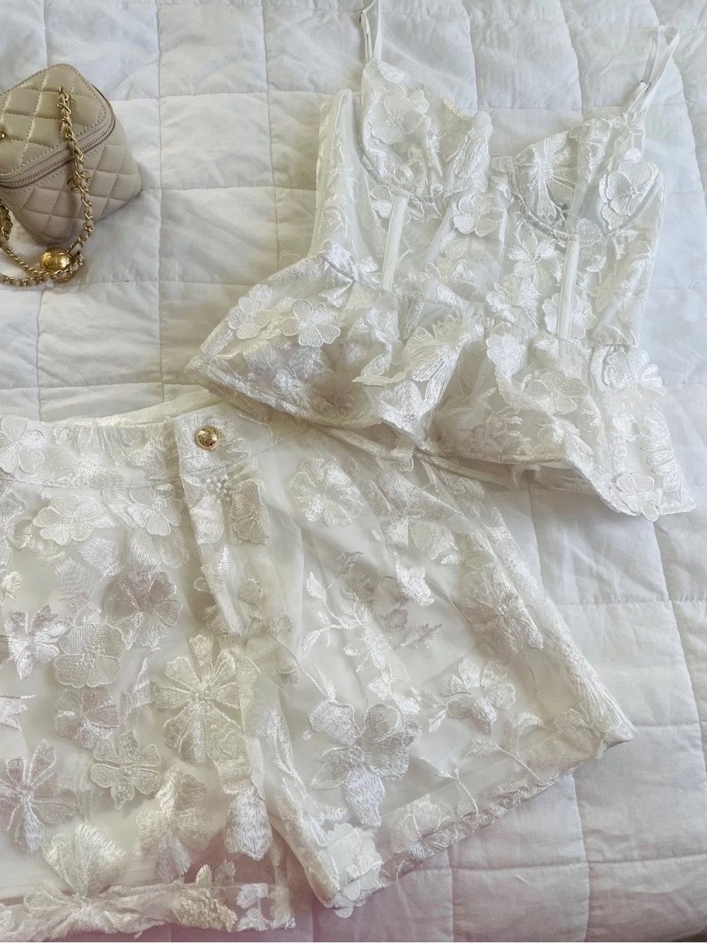 Vici White Floral Lace Satin Cami and Shorts Set